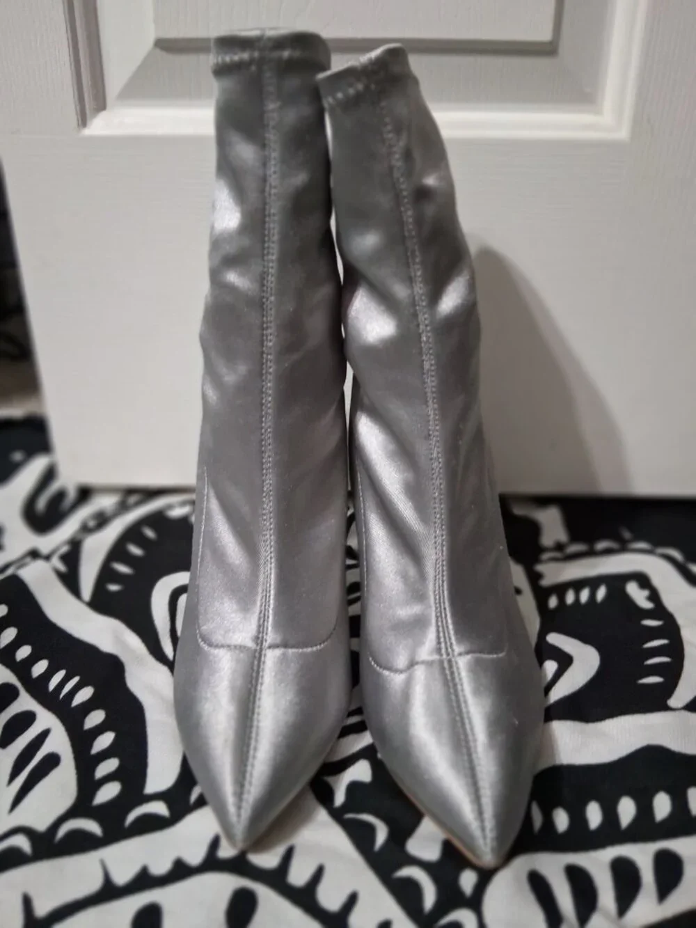Qupid Silver Stretch Satin Sock Boots Pointed Toe Stiletto Heels